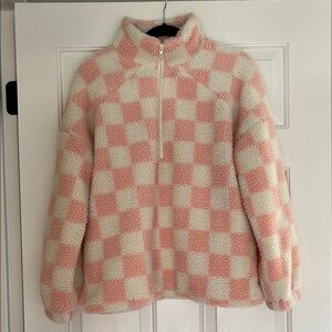 Pink and White Cowl Neck Sherpa Pull Over with Cozy Fuzzy Texture
